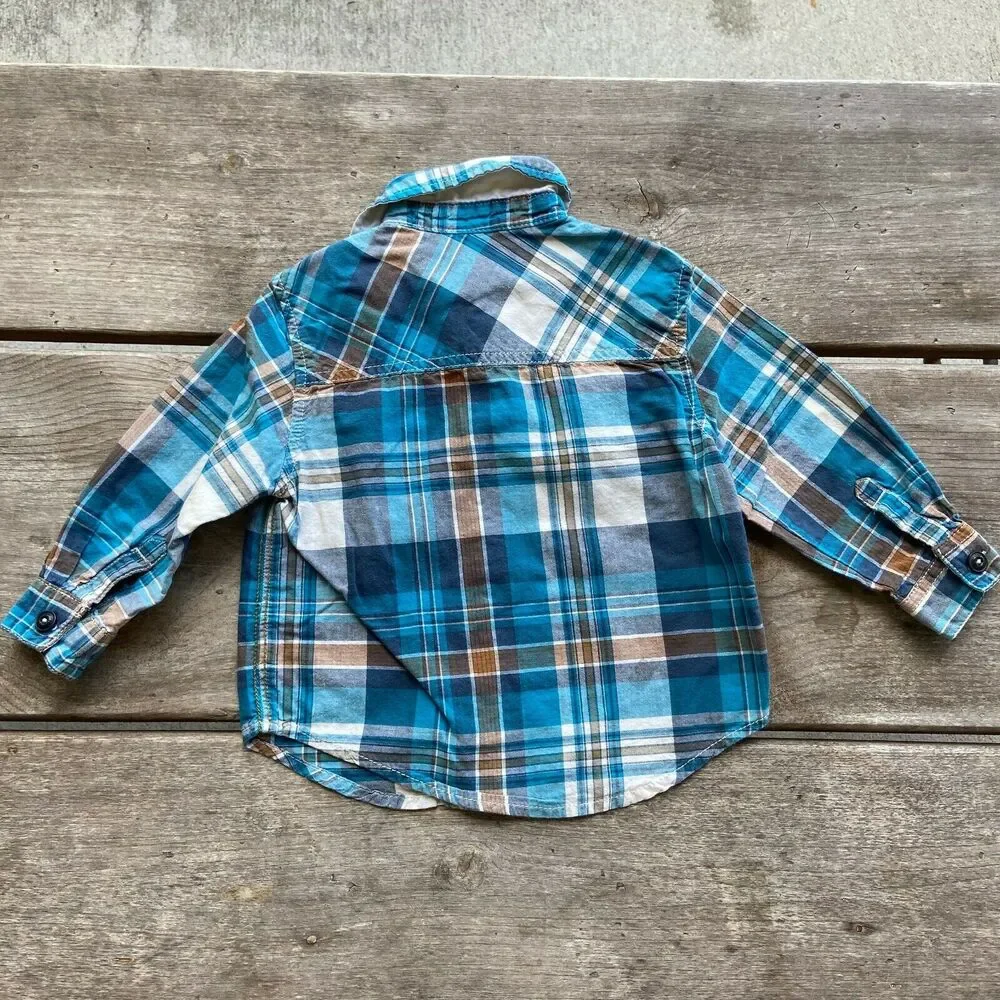 Genuine Kids Boys Shirt Size 18‎ Months Blue Brown Plaid Button Up Pockets